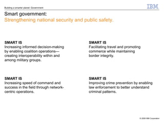 Building a smarter planet: Government


Smart government:
Strengthening national security and public safety.



SMART IS                                SMART IS
Increasing informed decision-making     Facilitating travel and promoting
by enabling coalition operations—       commerce while maintaining
creating interoperability within and    border integrity.
among military groups.




SMART IS                                SMART IS
Increasing speed of command and         Improving crime prevention by enabling
success in the field through network-   law enforcement to better understand
centric operations.                     criminal patterns.




                                                                        © 2009 IBM Corporation
 