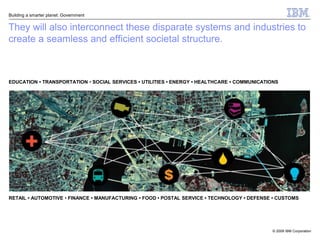 Building a smarter planet: Government


They will also interconnect these disparate systems and industries to
create a seamless and efficient societal structure.



EDUCATION • TRANSPORTATION • SOCIAL SERVICES • UTILITIES • ENERGY • HEALTHCARE • COMMUNICATIONS




RETAIL • AUTOMOTIVE • FINANCE • MANUFACTURING • FOOD • POSTAL SERVICE • TECHNOLOGY • DEFENSE • CUSTOMS




                                                                                             © 2009 IBM Corporation
 