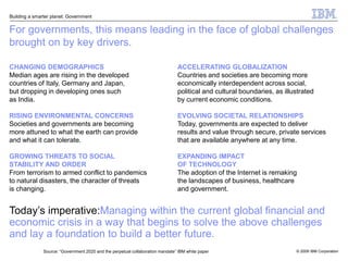 Building a smarter planet: Government


For governments, this means leading in the face of global challenges
brought on by key drivers.

CHANGING DEMOGRAPHICS                                                           ACCELERATING GLOBALIZATION
Median ages are rising in the developed                                         Countries and societies are becoming more
countries of Italy, Germany and Japan,                                          economically interdependent across social,
but dropping in developing ones such                                            political and cultural boundaries, as illustrated
as India.                                                                       by current economic conditions.

RISING ENVIRONMENTAL CONCERNS                                                   EVOLVING SOCIETAL RELATIONSHIPS
Societies and governments are becoming                                          Today, governments are expected to deliver
more attuned to what the earth can provide                                      results and value through secure, private services
and what it can tolerate.                                                       that are available anywhere at any time.

GROWING THREATS TO SOCIAL                                                       EXPANDING IMPACT
STABILITY AND ORDER                                                             OF TECHNOLOGY
From terrorism to armed conflict to pandemics                                   The adoption of the Internet is remaking
to natural disasters, the character of threats                                  the landscapes of business, healthcare
is changing.                                                                    and government.


Today’s imperative:Managing within the current global financial and
economic crisis in a way that begins to solve the above challenges
and lay a foundation to build a better future.
               Source: “Government 2020 and the perpetual collaboration mandate” IBM white paper                          © 2009 IBM Corporation
 