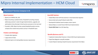 Mipro Internal Implementation – HCM Cloud
A Prominent IT Services Company in US
About Customer:
 Based out of Milford, MI...