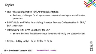 3
Topics
• The Process Imperative for SAP Implementation
– Business challenges faced by customers due to silo-ed systems and broken
processes
• BPM's Role and Value in enabling Smarter Process Orchestration in ERP /
SAP landscape
• Introducing IBM BPM Capability for SAP
– Enables business flexibility without complex and costly SAP customizations
• Demo – A Day in the Life of Order to Cash
 