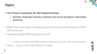 4
Topics
• The Process Imperative for SAP Implementation
– Business challenges faced by customers due to silo-ed systems and broken
processes
• BPM's Role and Value in enabling Smarter Process Orchestration in ERP /
SAP landscape
• Introducing IBM BPM Capability for SAP
– Enables business flexibility without complex and costly SAP customizations
• Demo – A Day in the Life of Order to Cash
 