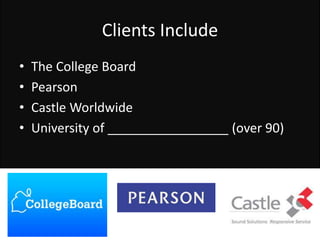 Clients Include
• The College Board
• Pearson
• Castle Worldwide
• University of _________________ (over 90)
 