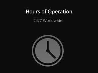 Hours of Operation
24/7 Worldwide
 