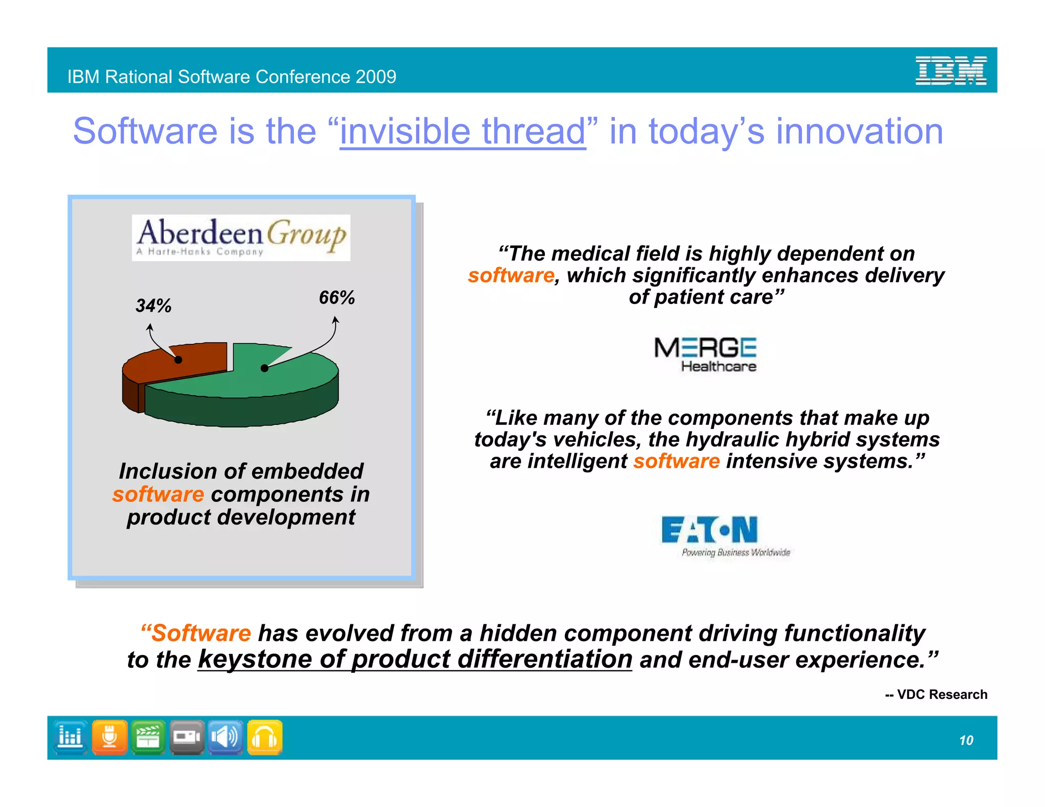 IBM Rational Software Conference 2009


Software is the “invisible thread” in today’s innovation


                                           “The medical field is highly dependent on
                                        software, which significantly enhances delivery
       34%                  66%                        of patient care”




                                         “Like many of the components that make up
                                        today's vehicles, the hydraulic hybrid systems
                                          are intelligent software intensive systems.”
      Inclusion of embedded
     software components in
       product development




       “Software has evolved from a hidden component driving functionality
      to the keystone of product differentiation and end-user experience.”
                                                                                 -- VDC Research


                                                                                           10
 