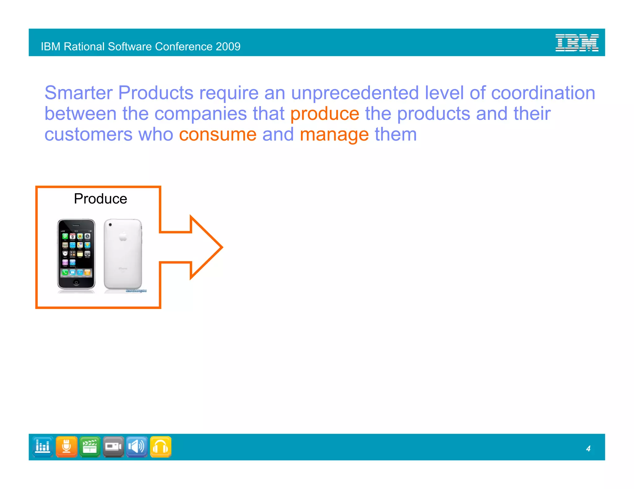 IBM Rational Software Conference 2009



Smarter Products require an unprecedented level of coordination
between the companies that produce the products and their
customers who consume and manage them


      Produce




                                                             4
 