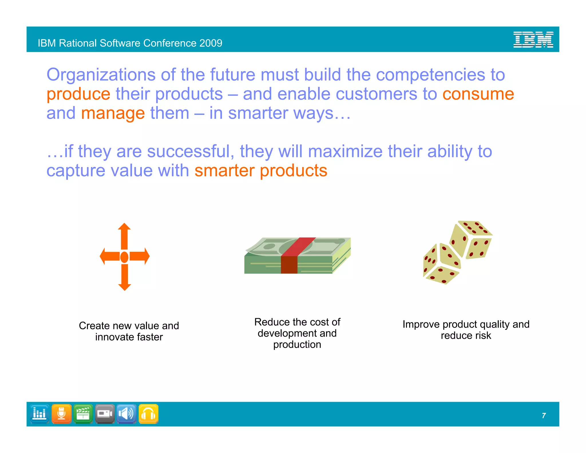 IBM Rational Software Conference 2009


 Organizations of the future must build the competencies to
 produce their products – and enable customers to consume
 and manage them – in smarter ways…

 …if they are successful, they will maximize their ability to
 capture value with smarter products




        Create new value and            Reduce the cost of   Improve product quality and
           innovate faster              development and             reduce risk
                                           production




                                                                                           7
 