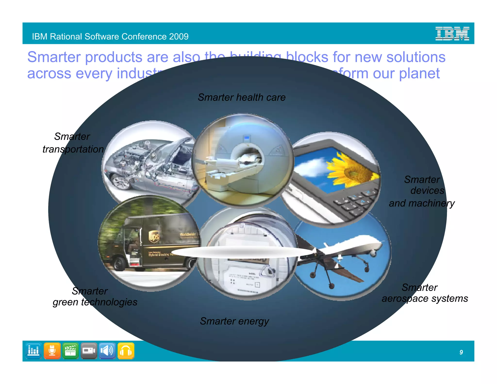 IBM Rational Software Conference 2009

Smarter products are also the building blocks for new solutions
across every industry that will collectively transform our planet
                                        Smarter health care


     Smarter
  transportation


                                                                  Smarter
                                                                   devices
                                                               and machinery




        Smarter                                                   Smarter
    green technologies                                        aerospace systems

                                        Smarter energy

                                                                               9
 