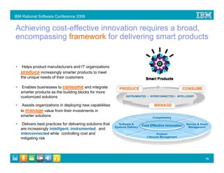 IBM Rational Software Conference 2009


Achieving cost-effective innovation requires a broad,
encompassing framework for delivering smart products


    Helps product manufacturers and IT organizations
   produce increasingly smarter products to meet
   the unique needs of their customers

    Enables businesses to consume and integrate                PRODUCE                                      CONSUME
   smarter products as the building blocks for more
   customized solutions                                            INSTRUMENTED     INTERCONNECTED       INTELLIGENT


    Assists organizations in deploying new capabilities                               MANAGE
   to manage value from their investments in
   smarter solutions                                                                 Componentry

    Delivers best practices for delivering solutions that      Software &
                                                                               Cost Effective Innovation      Service & Asset
                                                            Systems Delivery                                   Management
   are increasingly intelligent, instrumented, and
   interconnected while controlling cost and                                             Product
                                                                                  Lifecycle Management
   mitigating risk




                                                                                                                           15
 