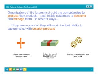 IBM Rational Software Conference 2009


 Organizations of the future must build the competencies to
 produce their products – and enable customers to consume
 and manage them – in smarter ways…

 …if they are successful, they will maximize their ability to
 capture value with smarter products




        Create new value and            Reduce the cost of   Improve product quality and
           innovate faster              development and             reduce risk
                                           production




                                                                                           7
 