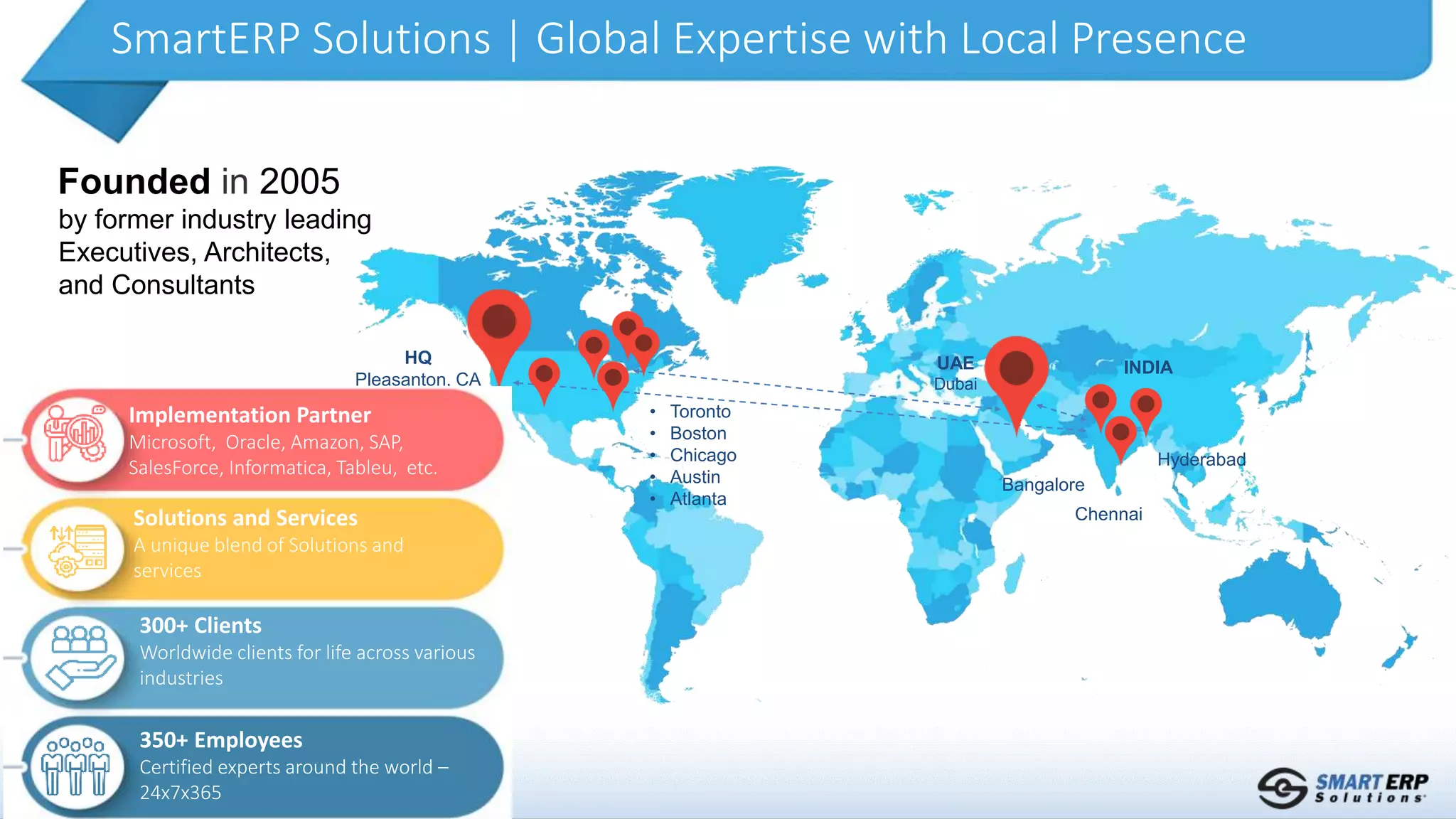 SmartERP Solutions | Global Expertise with Local Presence
UAE
Dubai
Bangalore
Hyderabad
INDIA
• Toronto
• Boston
• Chicago
• Austin
• Atlanta
HQ
Pleasanton, CA
Chennai
Founded in 2005
by former industry leading
Executives, Architects,
and Consultants
Implementation Partner
Microsoft, Oracle, Amazon, SAP,
SalesForce, Informatica, Tableu, etc.
Solutions and Services
A unique blend of Solutions and
services
300+ Clients
Worldwide clients for life across various
industries
350+ Employees
Certified experts around the world –
24x7x365
 