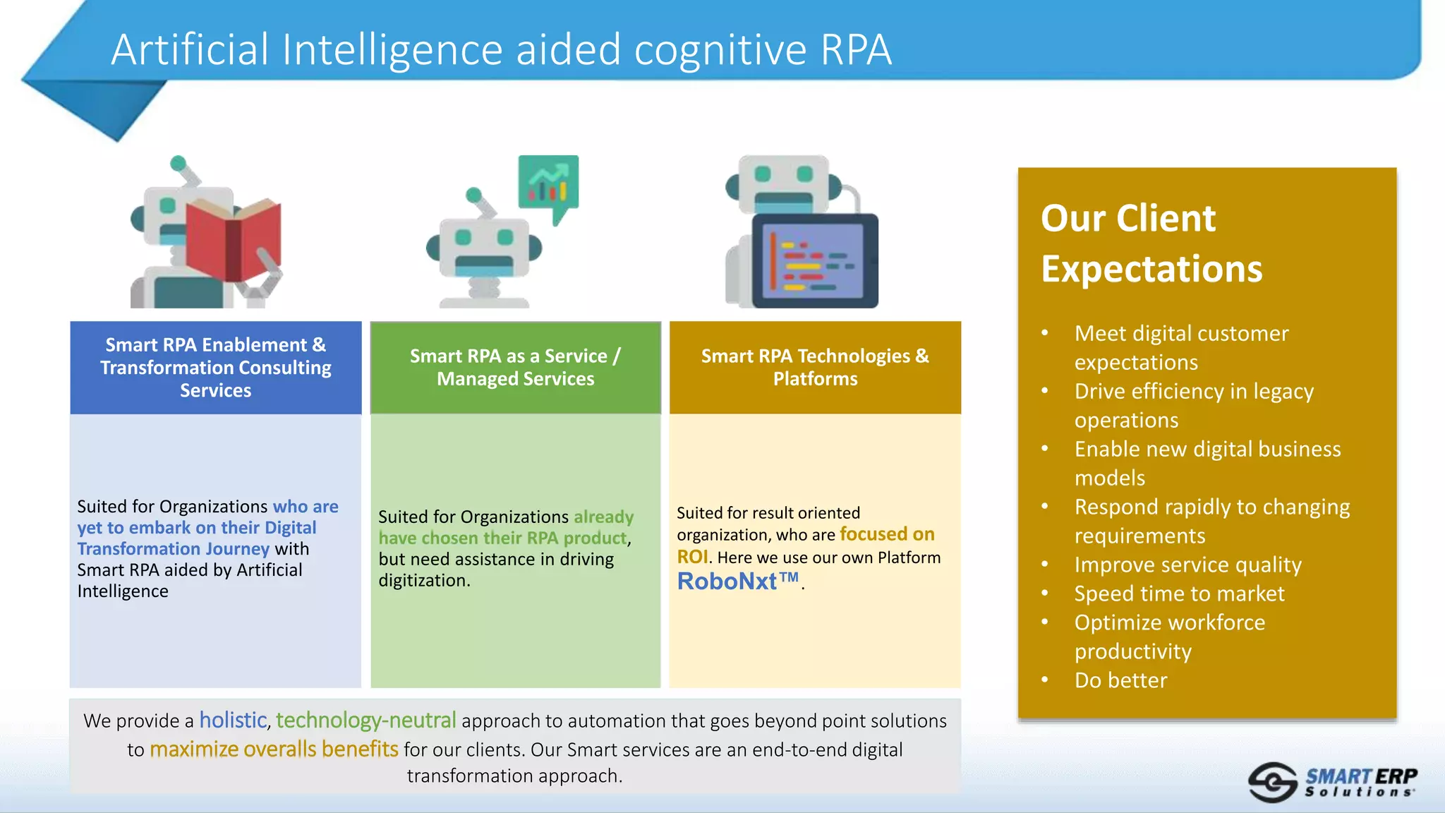 Artificial Intelligence aided cognitive RPA
We provide a holistic, technology-neutral approach to automation that goes beyond point solutions
to maximize overalls benefits for our clients. Our Smart services are an end-to-end digital
transformation approach.
Smart RPA Enablement &
Transformation Consulting
Services
Smart RPA as a Service /
Managed Services
Smart RPA Technologies &
Platforms
Our Client
Expectations
• Meet digital customer
expectations
• Drive efficiency in legacy
operations
• Enable new digital business
models
• Respond rapidly to changing
requirements
• Improve service quality
• Speed time to market
• Optimize workforce
productivity
• Do better
Suited for Organizations who are
yet to embark on their Digital
Transformation Journey with
Smart RPA aided by Artificial
Intelligence
Suited for Organizations already
have chosen their RPA product,
but need assistance in driving
digitization.
Suited for result oriented
organization, who are focused on
ROI. Here we use our own Platform
RoboNxt™.
 