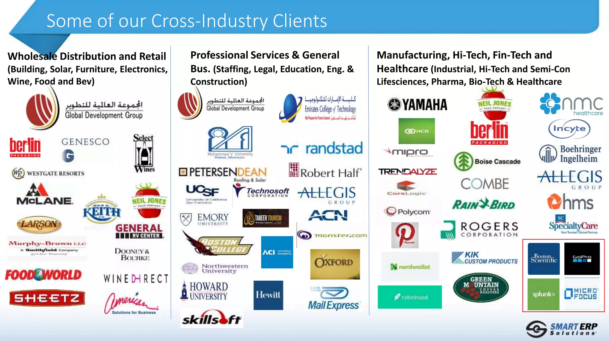 Some of our Cross-Industry Clients
Professional Services & General
Bus. (Staffing, Legal, Education, Eng. &
Construction)
Manufacturing, Hi-Tech, Fin-Tech and
Healthcare (Industrial, Hi-Tech and Semi-Con
Lifesciences, Pharma, Bio-Tech & Healthcare
Wholesale Distribution and Retail
(Building, Solar, Furniture, Electronics,
Wine, Food and Bev)
 