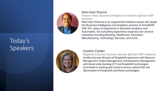 Today’s
Speakers
Nishi Kant Sharma
Practice Head, Business Intelligence & Analytics @Smart ERP
Solutions
Nishi Kant Sharma is an augmented analytics expert who leads
the Business Intelligence and Analytics practice at SmartERP.
With 20+ years of experience in Business Analytics and
Automation, his consulting experience expands over several
industries including Banking, Healthcare, Education,
Manufacturing, Technology Services, and more.
Candice Carden
Regional Customer Success Director @Smart ERP Solutions
Candice has over 20 years of PeopleSoft experience with Resource
Management, Project Management, and Operations Management
with broad understanding of IT and PeopleSoft technologies.
Committed to working with clients to ensure optimal ROI and
Optimization of PeopleSoft and Oracle technologies.
 
