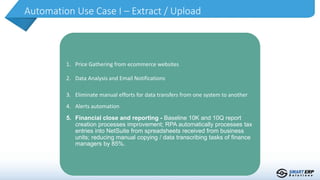 Automation Use Case I – Extract / Upload
1. Price Gathering from ecommerce websites
2. Data Analysis and Email Notifications
3. Eliminate manual efforts for data transfers from one system to another
4. Alerts automation
5. Financial close and reporting - Baseline 10K and 10Q report
creation processes improvement; RPA automatically processes tax
entries into NetSuite from spreadsheets received from business
units; reducing manual copying / data transcribing tasks of finance
managers by 85%.
 