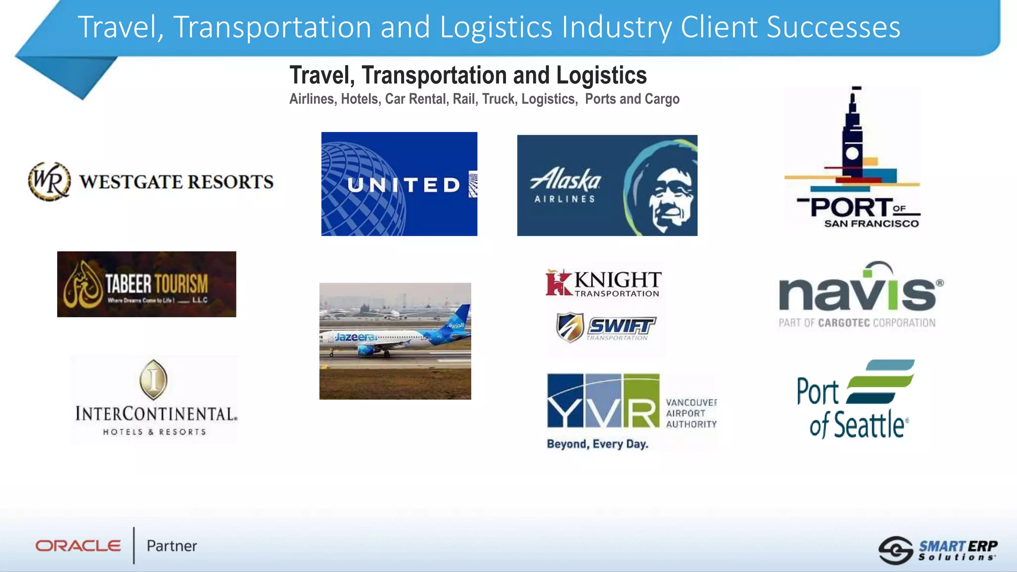 Travel, Transportation and Logistics Industry Client Successes
Travel, Transportation and Logistics
Airlines, Hotels, Car Rental, Rail, Truck, Logistics, Ports and Cargo
 