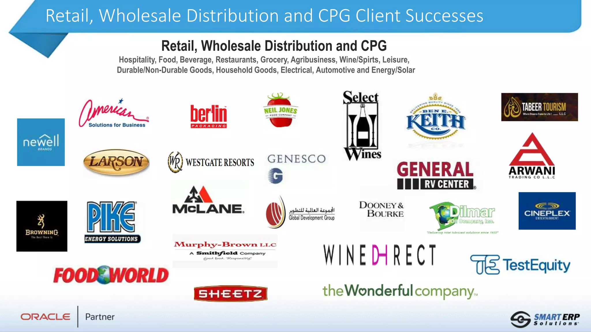Retail, Wholesale Distribution and CPG Client Successes
Retail, Wholesale Distribution and CPG
Hospitality, Food, Beverage, Restaurants, Grocery, Agribusiness, Wine/Spirts, Leisure,
Durable/Non-Durable Goods, Household Goods, Electrical, Automotive and Energy/Solar
 