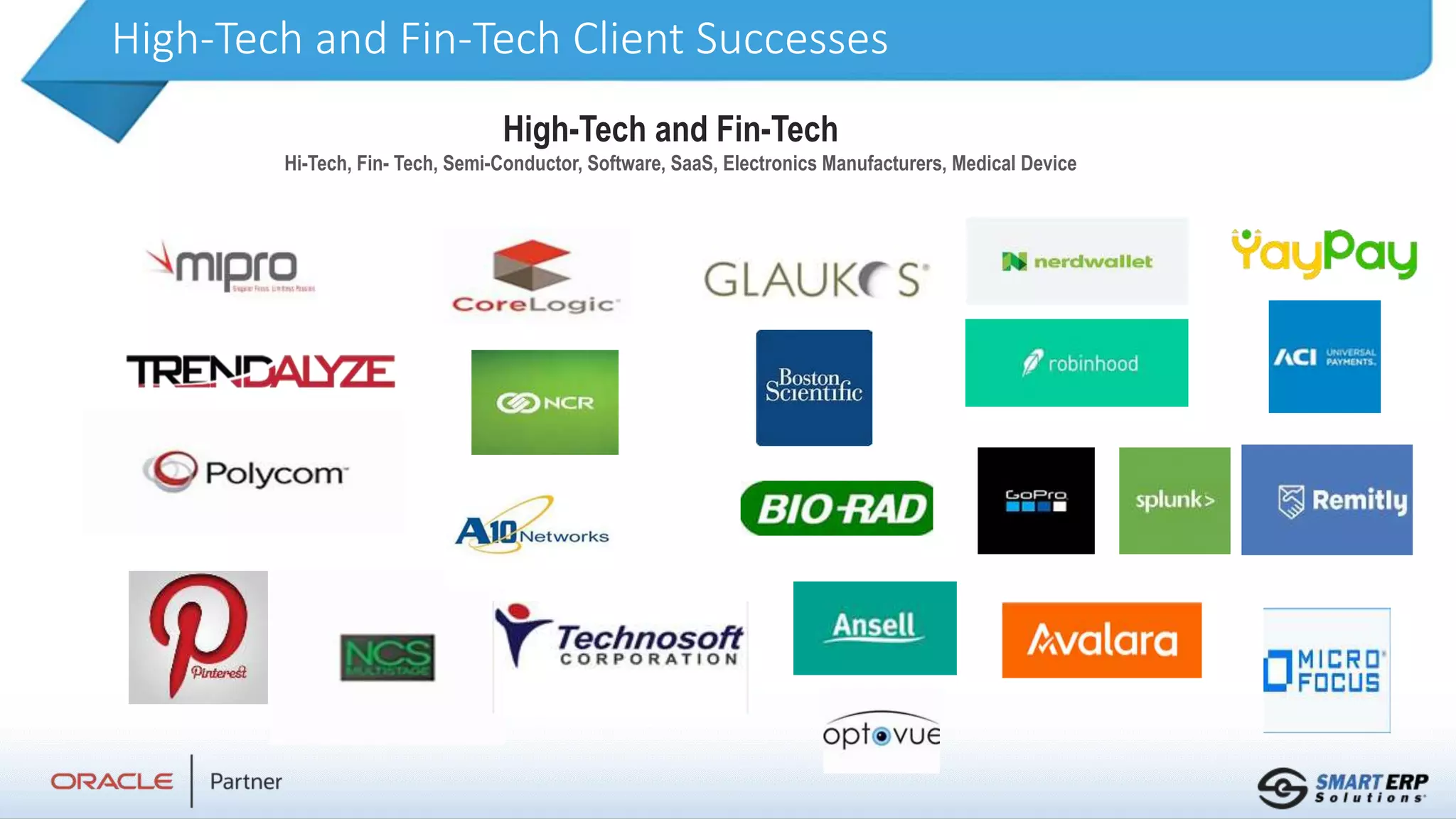 High-Tech and Fin-Tech Client Successes
High-Tech and Fin-Tech
Hi-Tech, Fin- Tech, Semi-Conductor, Software, SaaS, Electronics Manufacturers, Medical Device
 