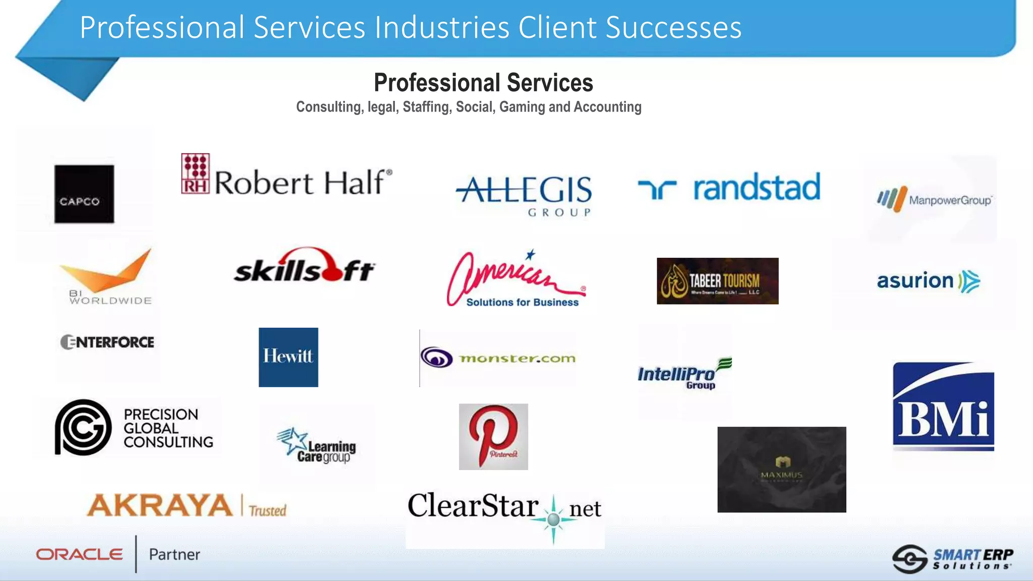 Professional Services Industries Client Successes
Professional Services
Consulting, legal, Staffing, Social, Gaming and Accounting
 