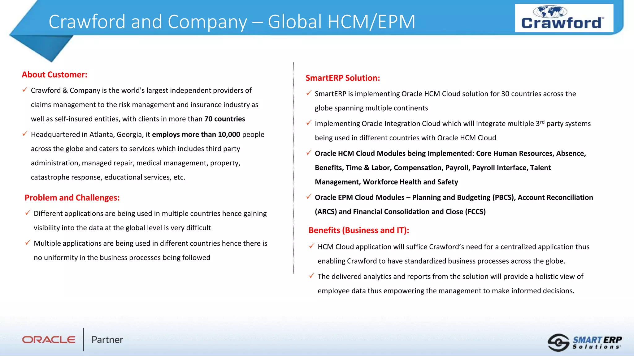Crawford and Company – Global HCM/EPM
About Customer:
 Crawford & Company is the world's largest independent providers of
claims management to the risk management and insurance industry as
well as self-insured entities, with clients in more than 70 countries
 Headquartered in Atlanta, Georgia, it employs more than 10,000 people
across the globe and caters to services which includes third party
administration, managed repair, medical management, property,
catastrophe response, educational services, etc.
Benefits (Business and IT):
 HCM Cloud application will suffice Crawford’s need for a centralized application thus
enabling Crawford to have standardized business processes across the globe.
 The delivered analytics and reports from the solution will provide a holistic view of
employee data thus empowering the management to make informed decisions.
SmartERP Solution:
 SmartERP is implementing Oracle HCM Cloud solution for 30 countries across the
globe spanning multiple continents
 Implementing Oracle Integration Cloud which will integrate multiple 3rd party systems
being used in different countries with Oracle HCM Cloud
 Oracle HCM Cloud Modules being Implemented: Core Human Resources, Absence,
Benefits, Time & Labor, Compensation, Payroll, Payroll Interface, Talent
Management, Workforce Health and Safety
 Oracle EPM Cloud Modules – Planning and Budgeting (PBCS), Account Reconciliation
(ARCS) and Financial Consolidation and Close (FCCS)
Problem and Challenges:
 Different applications are being used in multiple countries hence gaining
visibility into the data at the global level is very difficult
 Multiple applications are being used in different countries hence there is
no uniformity in the business processes being followed
 
