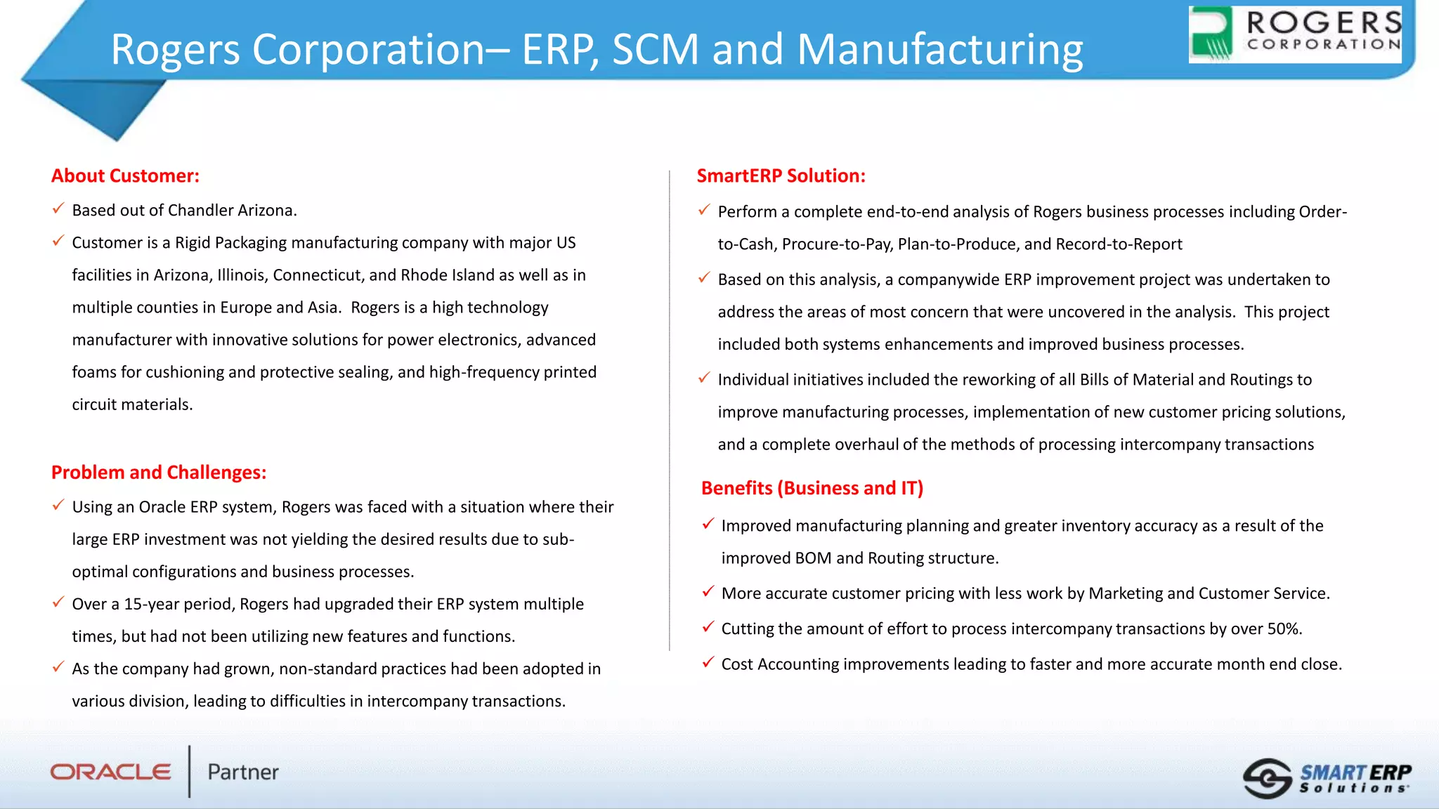 Rogers Corporation– ERP, SCM and Manufacturing
About Customer:
 Based out of Chandler Arizona.
 Customer is a Rigid Packaging manufacturing company with major US
facilities in Arizona, Illinois, Connecticut, and Rhode Island as well as in
multiple counties in Europe and Asia. Rogers is a high technology
manufacturer with innovative solutions for power electronics, advanced
foams for cushioning and protective sealing, and high-frequency printed
circuit materials.
Problem and Challenges:
 Using an Oracle ERP system, Rogers was faced with a situation where their
large ERP investment was not yielding the desired results due to sub-
optimal configurations and business processes.
 Over a 15-year period, Rogers had upgraded their ERP system multiple
times, but had not been utilizing new features and functions.
 As the company had grown, non-standard practices had been adopted in
various division, leading to difficulties in intercompany transactions.
Benefits (Business and IT)
 Improved manufacturing planning and greater inventory accuracy as a result of the
improved BOM and Routing structure.
 More accurate customer pricing with less work by Marketing and Customer Service.
 Cutting the amount of effort to process intercompany transactions by over 50%.
 Cost Accounting improvements leading to faster and more accurate month end close.
SmartERP Solution:
 Perform a complete end-to-end analysis of Rogers business processes including Order-
to-Cash, Procure-to-Pay, Plan-to-Produce, and Record-to-Report
 Based on this analysis, a companywide ERP improvement project was undertaken to
address the areas of most concern that were uncovered in the analysis. This project
included both systems enhancements and improved business processes.
 Individual initiatives included the reworking of all Bills of Material and Routings to
improve manufacturing processes, implementation of new customer pricing solutions,
and a complete overhaul of the methods of processing intercompany transactions
 