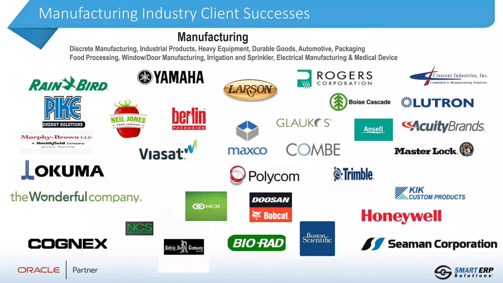 Manufacturing Industry Client Successes
Manufacturing
Discrete Manufacturing, Industrial Products, Heavy Equipment, Durable Goods, Automotive, Packaging
Food Processing, Window/Door Manufacturing, Irrigation and Sprinkler, Electrical Manufacturing & Medical Device
 
