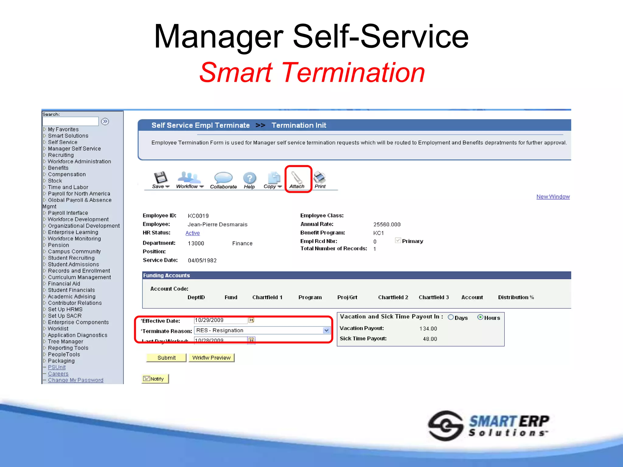 Additional Termination RequirementsDisplay Multiple Job RecordsEnter Detailed Reason for TerminationAttach Resignation LetterEnter Last Date Worked and Effective DateDisplay Funding SourcesProcess Vacation / Sick PayoutSubmit for Workflow Approval with Tracking and HistoryWithdraw Termination if Submitted in ErrorACCOMPLISH ALL OF THIS WITHOUT MODIFYING EXISTING PEOPLESOFT OBJECTS!