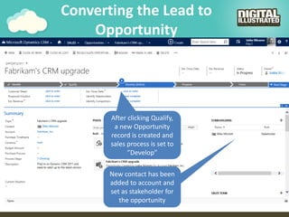 Converting the Lead to
Opportunity
After clicking Qualify,
a new Opportunity
record is created and
sales process is set to
”Develop”
New contact has been
added to account and
set as stakeholder for
the opportunity
 