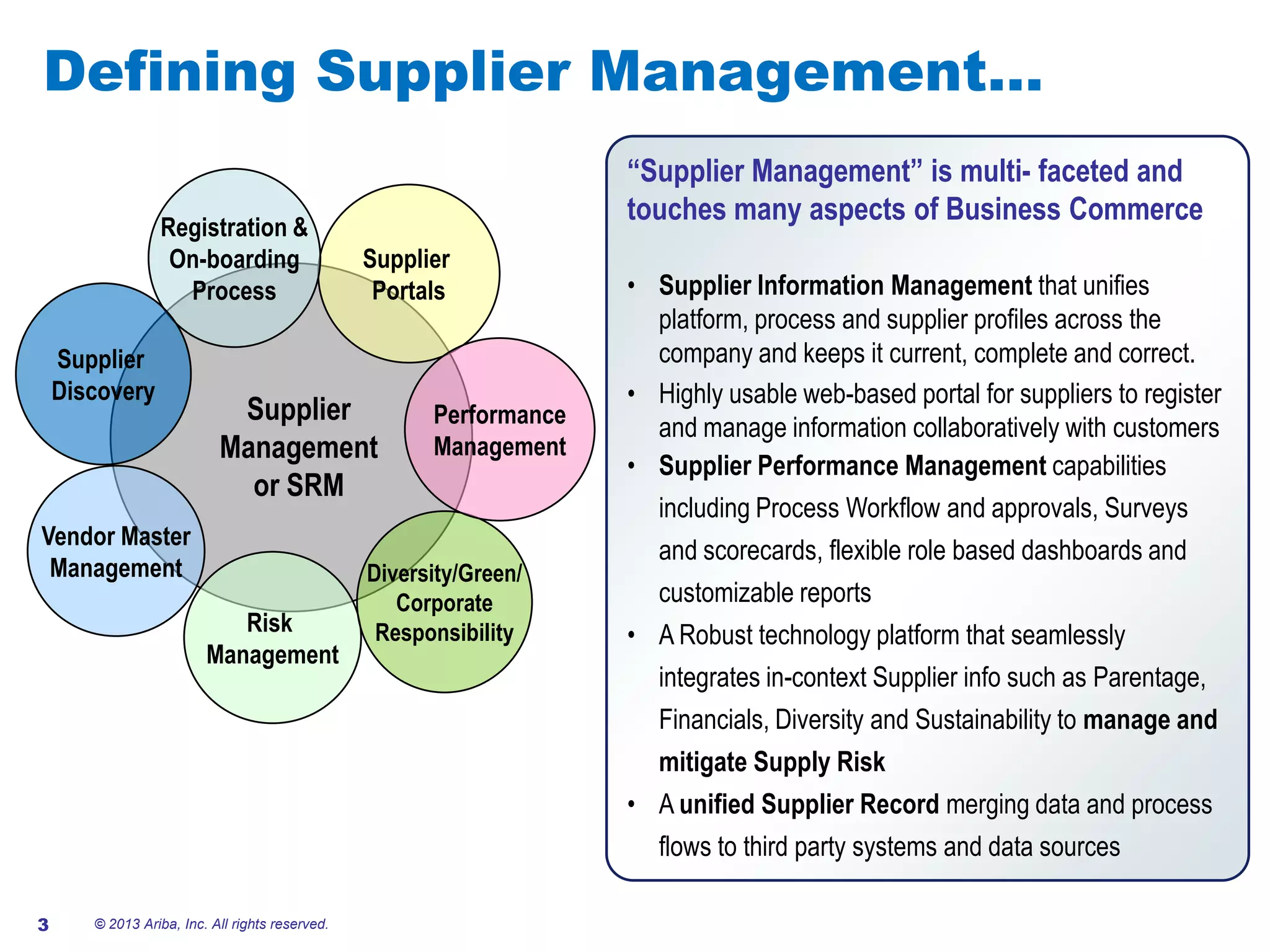 #AribaLIVE
Defining Supplier Management…
© 2013 Ariba, Inc. All rights reserved.3
Supplier
Portals
Vendor Master
Management
Risk
Management
Diversity/Green/
Corporate
Responsibility
Registration &
On-boarding
Process
Performance
Management
Supplier
Management
or SRM
Supplier
Discovery
“Supplier Management” is multi- faceted and
touches many aspects of Business Commerce
• Supplier Information Management that unifies
platform, process and supplier profiles across the
company and keeps it current, complete and correct.
• Highly usable web-based portal for suppliers to register
and manage information collaboratively with customers
• Supplier Performance Management capabilities
including Process Workflow and approvals, Surveys
and scorecards, flexible role based dashboards and
customizable reports
• A Robust technology platform that seamlessly
integrates in-context Supplier info such as Parentage,
Financials, Diversity and Sustainability to manage and
mitigate Supply Risk
• A unified Supplier Record merging data and process
flows to third party systems and data sources
 