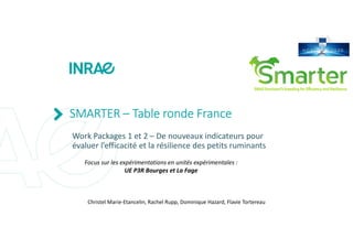 p. 1
SMARTER – Table ronde France
Mercredi 6 avril 2022
SMARTER – Table ronde France
Work Packages 1 et 2 – De nouveaux indicateurs pour
évaluer l’efficacité et la résilience des petits ruminants
Focus sur les expérimentations en unités expérimentales :
UE P3R Bourges et La Fage
Christel Marie-Etancelin, Rachel Rupp, Dominique Hazard, Flavie Tortereau
 