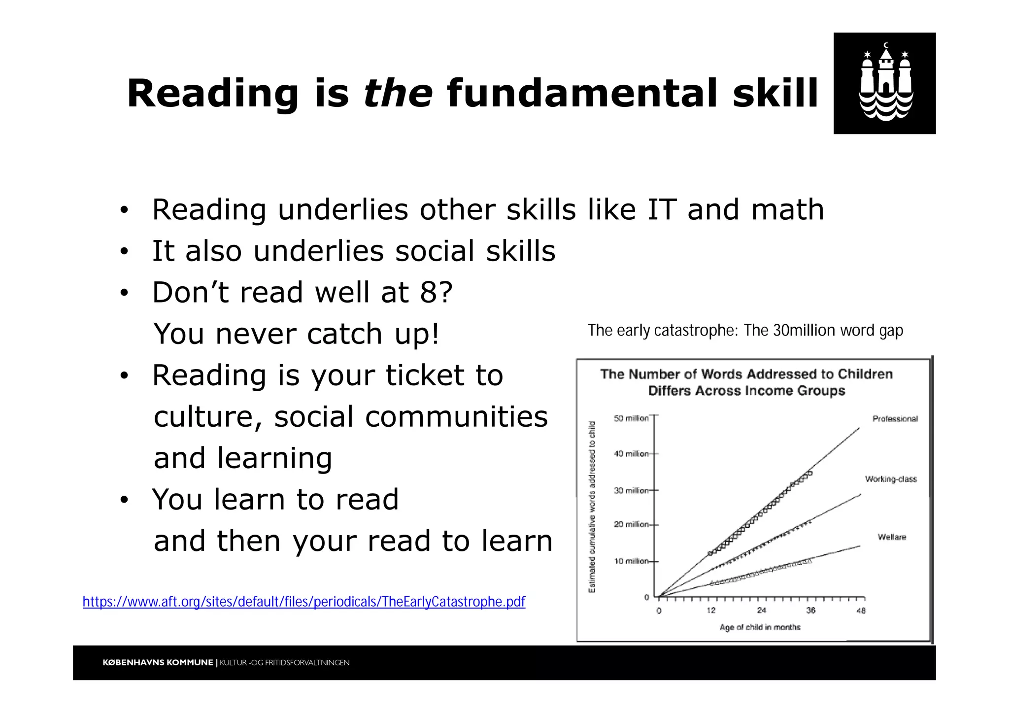 Reading is the fundamental skill
• Reading underlies other skills like IT and math
• It also underlies social skills
• Don’t read well at 8?
You never catch up!
• Reading is your ticket to
culture, social communities
and learning
• You learn to read
and then your read to learn
The early catastrophe: The 30million word gap
https://www.aft.org/sites/default/files/periodicals/TheEarlyCatastrophe.pdf
 