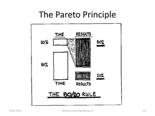 Problems I faced using Selenium	When there were Ajax request/responses everywhere on page, writing custom waitFor method was painful.Few API doesn’t work on specific version of IE/FFX.Slowness of IE test execution due to wrong usages of locators.Working on element involving recursive java script calls on ‘onClick’ event.29Selenium Learning Ruturaj 1.029-01-2011