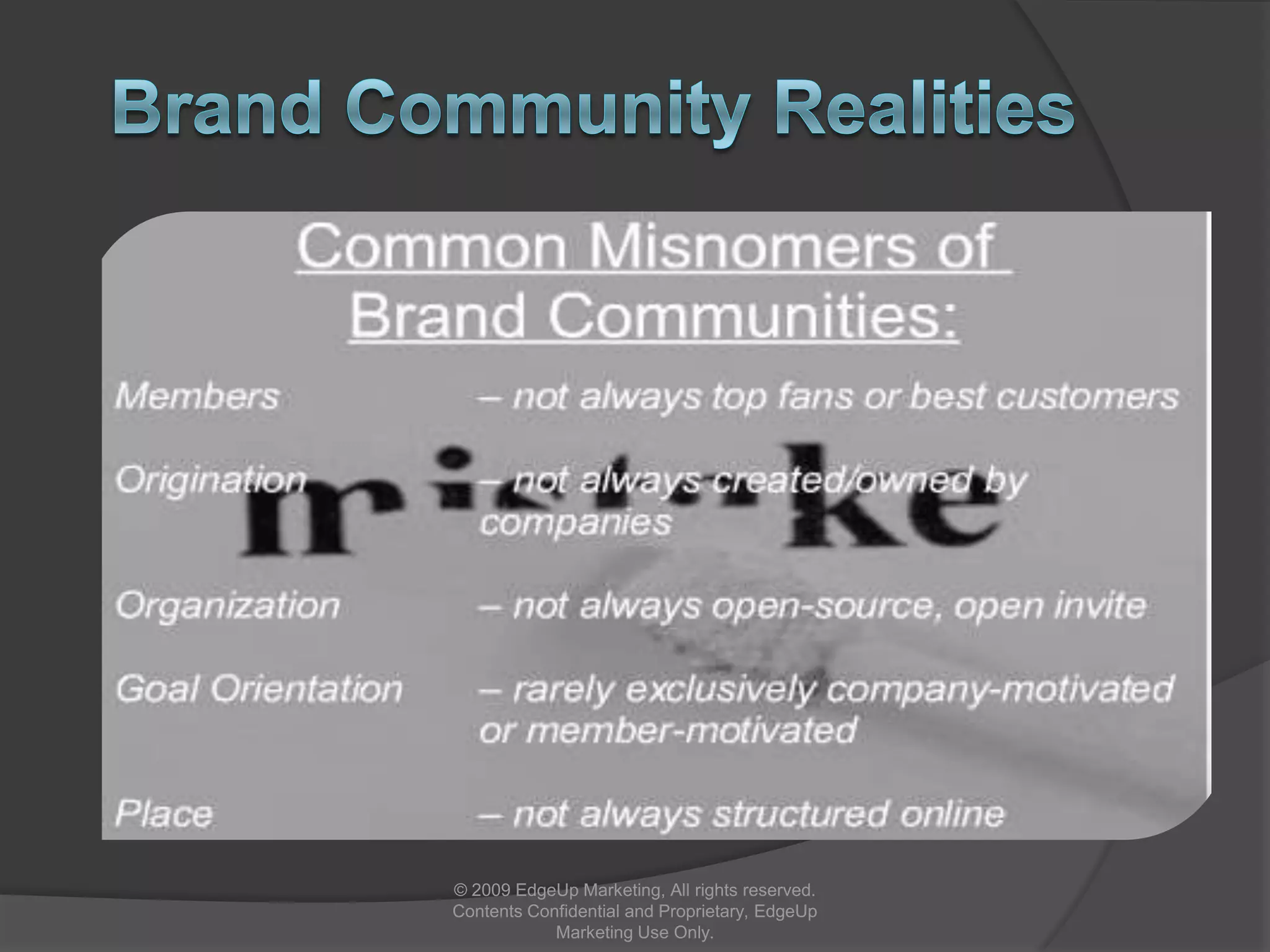 4Cs of Social Media: ContentConsumersVisibleCaretakersContributorsContentCreatorsCollaborationCommunityCumulative Perceived ValueObscureSimpleDifficult© 2009 EdgeUp Marketing, All rights reserved. Contents Confidential and Proprietary, EdgeUp Marketing Use Only.