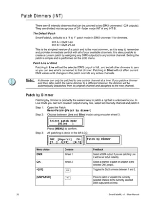 Patch Dimmers (INT)
               There are 48 intensity channels that can be patched to two DMX universes (1024 outputs).
               They are divided into two groups of 24 - fader mode INT A and INT B.
           The Default Patch
               SmartFadeML defaults to a “1 to 1” patch mode in DMX universe 1 for dimmers.
                             INT A = DMX1-24
                             INT B = DMX 25-48
               This is the simplest version of a patch and is the most common, as it is easy to remember
               and provides immediate control with all of your available channels. It is also possible to
               create a custom patch by assigning any DMX output(s) to any control channel. Setting the
               patch is simple and is performed on the LCD menu.
           Patch Live or Blind
               Patching in Live will set the selected DMX output to full , and set all other dimmers to zero
               so you can see what’s connected to that dimmer. Patching in Blind will not affect current
               DMX values until changes in the patch override any active channels.

       Note:     A dimmer can only be patched to one control channel at a time. If you patch a dimmer
                 and then later patch the same dimmer to a different channel, the dimmer will be
                 automatically unpatched from its original channel and assigned to the new channel.


       Patch by Dimmer
               Patching by dimmer is probably the easiest way to patch a rig that is unknown to you. In
               Live mode you can turn on each output one by one, select an intensity channel and patch it.
               Step 1:   Open the Patch:
                         Menu>Patch>[Patch by dimmer]
               Step 2:   Choose between Live and Blind mode using encoder wheel 3.




                         Press (MENU) to confirm.
               Step 3:   All patching is done in the left LCD.




               Menu choice               Console                  Feedback
               DMX                       Wheel 1                  Select a DMX output. If you are patching Live
                                                                  it will be set to full instantly.
               CH.                       Wheel 2                  Select a channel to patch or unpatch to the
                                                                  selected DMX output.
               <[U1]                      MORE                    Toggles the DMX universe between 1 and 2.

               [UNPATCH]                   SEL                    Press to patch or unpatch the currently
                                                                  selected channel to the currently selected
                                                                  DMX output and universe.



20                                                                                SmartFadeML v1.1 User Manual
 