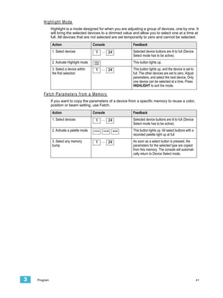 Highlight Mode
              Highlight is a mode designed for when you are adjusting a group of devices, one by one. It
              will bring the selected devices to a dimmed value and allow you to select one at a time at
              full. All devices that are not selected are set temporarily to zero and cannot be selected.

              Action                       Console                 Feedback
              1. Select devices             1      ... 24          Selected device buttons are lit to full (Device
                                                                   Select mode has to be active).
              2. Activate Highlight mode   HIGH
                                           LIGHT
                                                                   This button lights up.
              3. Select a device within     1      ... 24          This button lights up, and the device is set to
              the first selection                                  full. The other devices are set to zero. Adjust
                                                                   parameters, and select the next device. Only
                                                                   one device can be selected at a time. Press
                                                                   HIGHLIGHT to exit the mode.

       Fetch Parameters from a Memory
              If you want to copy the parameters of a device from a specific memory to reuse a color,
              position or beam setting, use Fetch.

              Action                       Console                 Feedback
              1. Select devices             1      ... 24          Selected device buttons are lit to full (Device
                                                                   Select mode has to be active).
              2. Activate a palette mode   FOCUS   COLOR    BEAM   This button lights up. All select buttons with a
                                                                   recorded palette light up at full
              3. Select any memory          1      ... 24          As soon as a select button is pressed, the
              bump                                                 parameters for the selected type are copied
                                                                   from this memory. The console will automati-
                                                                   cally return to Device Select mode.




3   Program                                                                                                           41
 
