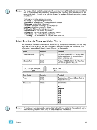 Note:       The shape effects are tailor designed with some common lighting situations in mind. Feel
                free to experiment in any other way. Remember that a moving head with tilt at 50% will
                never do a circle - it needs to be pointing forward or backward. Here is some information
                about them.

                1. Circle - A circular fading movement
                2. Square - A square fading movement
                3. Infinity - A never ending journey in smooth moves
                4. Lissajou - A pendular movement
                5. Clover - The path outlining a four leaf clover
                6. Flower - The path outlining a flower
                7. Triangle- A triangular fading movement
                8. Harmonics - A fast flower movement
                9. Noise - An irregular and irratic movement pattern
                10. Pentacle - The path outlining a pentacle
                11. Skating - The movements of a skater seen from top


    O f f s e t R e l a t i o n s I n S ha p e a n d C o l o r E f f e c t s
              It’s possible to offset each device that is affected by a Shape or Color effect, so that they
              start one by one, or two by two (etc) - instead of always moving at the same time. This
              information is stored individually in each Memory or Stack state.

              Action                       Console                     Feedback
              1. Select Fan mode            FAN                        This button lights up. EFFECT will blink. If any
                                                                       devices are selected the parameter bump
                                                                       buttons will blink as well.
              2. Select effect             EFFECT                      FAN and EFFECT will blink. The Offset Rela-
                                                                       tion menu is opened in the LCDs.




              Menu choice                  Console                     Feedback
              Type                          SEL                        Toggles between Shape and Color effects for
                                                                       the selected Devices.
              Relation                     Wheel 3                     Select relation

                                                                       ALL
                                                                       Evenly
                                                                       1:2
                                                                       1:3
                                                                       1:4
                                                                       1:5
                                                                       1:6
                                                                       1:7
                                                                       1:8
                                                                       1:9


    Note:       To make sure you can use the same effect with different relations, the relation is stored
                in the memory or Stack state only - it is not part of the effect itself.




3   Program                                                                                                               43
 