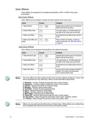 Color Effects
             Color effects are designed to be applied specifically to CMY or RGB mixing color
             parameters.
       Start Color Effects
             Color effects can be started or edited and then started at the same time.

             Action                         Console             Feedback
             1. Select devices               1       ... 24     Selected device buttons are lit to full (Device
                                                                Select mode has to be active).
             2. Activate Effect mode        EFFECT              This button lights up. The Effect select but-
                                                                tons light up full, empty ones are dimmed.
             3. Select color effects        COLOR               All programmed color effect buttons will be lit
                                                                to full.
             4. Select Linear effect, and    1       ... 11     Press to select one of these, or press an
             target                                             empty one and edit. See “Edit Color Effects”
                                                                on page 70.

       .Stop Color Effects
             Color effects can be stopped individually for the selected device(s).

             Action                         Console             Feedback
             1. Select devices to stop       1       ... 24     Selected device buttons are lit to full (Device
                                                                Select mode has to be active).
             2. Activate Effect mode        EFFECT              This button lights up. The Effect select but-
                                                                tons light up full, empty ones are dimmed.
             3. Select color effects        COLOR               All programmed color effect buttons will be lit
                                                                to full.
             4. Select Stop effect           12                 As soon as this button is pressed, the effect is
                                                                stopped. The console will automatically
                                                                return to Device Select mode.


     Note:     The color effects are tailor designed with some common lighting situations in mind. Feel
               free to experiment in any other way. Here is some information about them.

               1. Rainbow - A series of fades through the colors of the rainbow
               2. Harlequin - A series of steps through the colors of the rainbow
               3. Flames - Random fire flicker in red and orange
               4. Meadow - Random green-yellow fades
               5. Cornfield - A green to blue wandering fade
               6. Aqua - Random blueish to white fades
               7. Royal - Random blueish to purple fades
               8. Miss Piggy - Random pink to white fades.
               9. Freak-out - Random flickering through all colors at high speed
               10. Secondary - Steps through the secondary colors (cyan, magenta, yellow)
               11. Primary - Steps through the primary colors (red, green, blue)


     Note:     Effects are only referenced to Memories and Stack steps. When effects are modified they
               will be updated also where they have been previously recorded.




44                                                                               SmartFadeML v1.1 User Manual
 