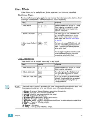 Linear Effects
              Linear effects can be applied to any device parameter, and to dimmer intensities.
       Start Linear Effects
              The linear effect can only be applied to one intensity channel or parameter at a time. It can
              be a single parameter for a selection of devices (color, strobe etc).

              Action                         Console             Feedback
              1. Select devices               1       ... 24     Selected device buttons are lit to full (Device
                                                                 Select mode has to be active). If you are
                                                                 applying the effect to intensity channels,
                                                                 press this first anyway.
              2. Activate Effect mode        EFFECT              This button lights up. The Effect select but-
                                                                 tons light up full, empty ones are dimmed.
                                                                 Press to select one of these, or press an
                                                                 empty one to edit. See “Edit Linear Effects”
                                                                 on page 69.
              3. Select Linear effect, and    13 ... 23          The faders will activate PARAM 1 mode and
              target                                             all bumps with available parameters will blink.
                                                                 Press a bump button to select a parameter
                                                                 target for this effect.

                                                                 You can toggle to any fader mode if you want
                                                                 to set an intensity channel or some other
                                                                 parameter as target for this effect.

       .Stop Linear Effects
              Linear effects can be stopped individually for any device.

              Action                         Console             Feedback
              1. Select devices to stop       1       ... 24     Selected device buttons are lit to full (Device
                                                                 Select mode has to be active).
              2. Activate Effect mode        EFFECT              This button lights up. The Effect select but-
                                                                 tons light up full, empty ones are dimmed.
              3. Select Stop Linear effect    24                 As soon as this button is pressed, all linear
                                                                 effects for the selected devices are stopped.
                                                                 The console will automatically return to
                                                                 Device Select mode.


    Note:       The linear effects are tailor designed with some common lighting situations in mind. Feel
                free to experiment in any other way. Here is some information about them.

                1. Morse - A series of dots and dashes resembling Morse code
                2. Strobe - Random short duration flash to full
                3. Flicker - Random staircase similar to fire flicker
                4. On/Off - Regular on-off behaviour
                5. Wander - Gently wandering levels, semi random
                6. Sparkle - Frequent irregular flashes
                7. Mountain- A high frequency saw wave supeimposed on a low frequency saw wave
                8. Skyline - Pulses of differing heights.
                9. Saw - Saw tooth
                10. Cosine - Sine wave
                11. Ramp - Fade up, snap off (like a ramp)




3   Program                                                                                                        45
 