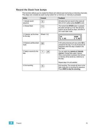 Record the Stack from bumps
              This function allows you to create the Stack wih referenced memories or intensity channels.
              The steps are created as each bump button for a memory or intensity is pressed.

              Action                         Console            Feedback
              1. Activate record              REC
                                              SEQ
                                                                All buttons that can record in this mode will
              sequence                                          blink at full in yellow (press CLEAR to exit).
              2. Choose Stack                STACK              The moment the STACK button is pressed,
                                                                the button will light up in full. Now all bump
                                                                buttons can be stored as steps, and blink at
                                                                full in each fader mode.
              3. If desired, set the times   Wheels 1 & 2
              for this step



              4. If desired, set Move Dark    MOVE
                                              DARK
                                                                If off (unlit) all devices will move when GO is
              mode                                              pressed for this step. If on (lit) all devices will
                                                                preposition when this step is loaded to the
                                                                Next fader.
              5. Select a source for this      1     ... 24     You can select any memory or intensity
              step                                              channel. Change fader page if desired.
                                                                When a bump button is pressed, that memory
                                                                or intensity will be stored as a reference to
                                                                this step.

                                                                Repeat steps 3-4 until satisfied.
              6. End recording                REC
                                              SEQ
                                                                End recording. The console will return to the
                                                                fader mode prior to recording this sequence.
                                                                Press UNDO to skip the recording.




3   Program                                                                                                           53
 