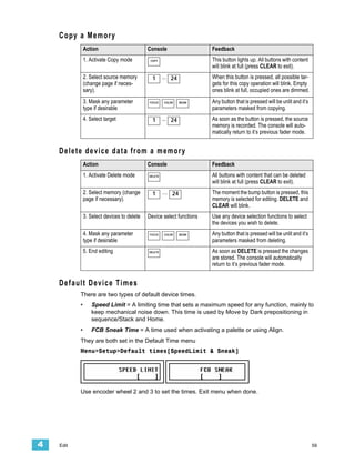 C o p y a M e m or y
               Action                        Console                   Feedback
               1. Activate Copy mode          COPY                     This button lights up. All buttons with content
                                                                       will blink at full (press CLEAR to exit).
               2. Select source memory         1      ... 24           When this button is pressed, all possible tar-
               (change page if neces-                                  gets for this copy operation will blink. Empty
               sary).                                                  ones blink at full, occupied ones are dimmed.
               3. Mask any parameter         FOCUS    COLOR    BEAM    Any button that is pressed will be unlit and it’s
               type if desirable                                       parameters masked from copying.
               4. Select target                1      ... 24           As soon as the button is pressed, the source
                                                                       memory is recorded. The console will auto-
                                                                       matically return to it’s previous fader mode.


    Delete device data from a memory
               Action                        Console                   Feedback
               1. Activate Delete mode       DELETE                    All buttons with content that can be deleted
                                                                       will blink at full (press CLEAR to exit).
               2. Select memory (change        1      ... 24           The moment the bump button is pressed, this
               page if necessary).                                     memory is selected for editing. DELETE and
                                                                       CLEAR will blink.
               3. Select devices to delete   Device select functions   Use any device selection functions to select
                                                                       the devices you wish to delete.
               4. Mask any parameter         FOCUS    COLOR    BEAM    Any button that is pressed will be unlit and it’s
               type if desirable                                       parameters masked from deleting.
               5. End editing                DELETE                    As soon as DELETE is pressed the changes
                                                                       are stored. The console will automatically
                                                                       return to it’s previous fader mode.


    Default Device Times
           There are two types of default device times.
           •       Speed Limit = A limiting time that sets a maximum speed for any function, mainly to
                   keep mechanical noise down. This time is used by Move by Dark prepositioning in
                   sequence/Stack and Home.
           •       FCB Sneak Time = A time used when activating a palette or using Align.
           They are both set in the Default Time menu
           Menu>Setup>Default times[SpeedLimit & Sneak]




           Use encoder wheel 2 and 3 to set the times. Exit menu when done.




4   Edit                                                                                                                   59
 