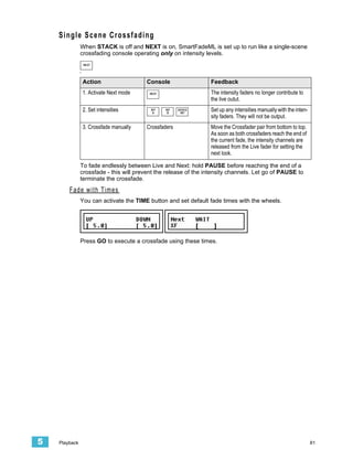 Single Scene Crossfading
               When STACK is off and NEXT is on, SmartFadeML is set up to run like a single-scene
               crossfading console operating only on intensity levels.
                NEXT




               Action                   Console                  Feedback
               1. Activate Next mode      NEXT                   The intensity faders no longer contribute to
                                                                 the live outut.
               2. Set intensities         INT
                                           A
                                                 INT
                                                  B
                                                       DEVICE
                                                        INT
                                                                 Set up any intensities manually with the inten-
                                                                 sity faders. They will not be output.
               3. Crossfade manually    Crossfaders              Move the Crossfader pair from bottom to top.
                                                                 As soon as both crossfaders reach the end of
                                                                 the current fade, the intensity channels are
                                                                 released from the Live fader for setting the
                                                                 next look.

               To fade endlessly between Live and Next: hold PAUSE before reaching the end of a
               crossfade - this will prevent the release of the intensity channels. Let go of PAUSE to
               terminate the crossfade.
        Fade with Times
               You can activate the TIME button and set default fade times with the wheels.




               Press GO to execute a crossfade using these times.




5   Playback                                                                                                       81
 