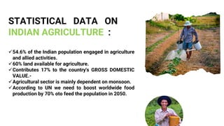 STATISTICAL DATA ON
INDIAN AGRICULTURE :
54.6% of the Indian population engaged in agriculture
and allied activities.
60% land available for agriculture.
Contributes 17% to the country's GROSS DOMESTIC
VALUE.-
Agricultural sector is mainly dependent on monsoon.
According to UN we need to boost worldwide food
production by 70% oto feed the population in 2050.
 
