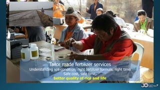 Tailor made fertilizer services
Understanding soil condition, right fertilizer formula, right time
Safe cost, safe time,
better quality of rice and life