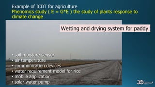 Wetting and drying system for paddy
• soil moisture sensor
• air temperature
• communication devices
• water requirement model for rice
• mobile application
• solar water pump
Phenomics study ( E = G*E ) the study of plants response to
climate change