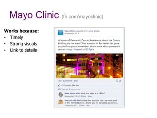 Mayo Clinic (fb.com/mayoclinic)
Works because:
•  Timely
•  Strong visuals
•  Link to details
 