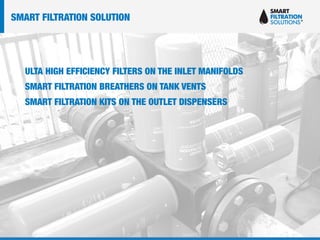 ULTA HIGH EFFICIENCY FILTERS ON THE INLET MANIFOLDS
SMART FILTRATION BREATHERS ON TANK VENTS
SMART FILTRATION KITS ON THE OUTLET DISPENSERS
SMART FILTRATION SOLUTION
 