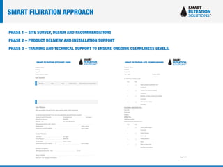 PHASE 1 – SITE SURVEY, DESIGN AND RECOMMENDATIONS
PHASE 2 – PRODUCT DELIVERY AND INSTALLATION SUPPORT
PHASE 3 – TRAINING AND TECHNICAL SUPPORT TO ENSURE ONGOING CLEANLINESS LEVELS.
SMART FILTRATION APPROACH
 
