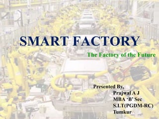 SMART FACTORY 
The Factory of the Future 
Presented By, 
Prajwal A J 
MBA ‘B’ Sec 
S.I.T(PGDM-RC) 
Tumkur 
 
