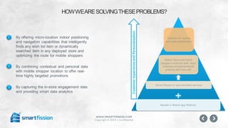 www.smartfission.com
Copyright © 2015 | Confidential
HOWWEARESOLVINGTHESEPROBLEMS?
By offering micro-location indoor positioning
and navigation capabilities that intelligently
finds any wish list item or dynamically
searched item in any deployed store and
optimizing the route for mobile shoppers
By combining contextual and personal data
with mobile shopper location to offer real-
time highly targeted promotions
By capturing the in-store engagement data
and providing smart data analytics
Dynamic re-routing
and route optimization
Detect Store and match
shopper’s wish list with store
inventory and personalized
promos and cross sell
Smart Fission in-store location services
Retailer’s Mobile App Platform
CustomerexperienceandPersonalization
1
2
3
 