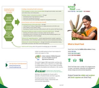ICRISAT and IIMR leading the Smart Food initiative for
millets and sorghum in India:
What is Smart Food
Smart Food is food that fulfills all the criteria of being:
GOOD FOR YOU
GOOD FOR THE PLANET
GOOD FOR THE FARMER
HowaretheyGoodforthePlanet?
Thesearealsocropscriticalinthedrylandsthatwillbest
survivetheharshenvironmentsandaremostresilient
henceclimatesmartcrops.Basically,milletsarethelast
cropstandingintimesofdrought.Themillets,
sorghumandlegumeshaveclosetothelowest
waterandcarbonfootprintsofallthecrops.
HowaretheyGoodforthe
Smallholderfarmer?
SmartFoodaregoodforthesmallholderfarmers
because
▪▪Theirclimateresiliencemeanstheyareagoodrisk
managementstrategy.
▪▪Legumeshaveanimportantcontributiontosoil
nutritionandwhenrotatedwithothercrops,even
increasethewateruseefficiencyoftheentirecrop
rotation.Theirmultipleusesanduntappeddemand
meanstheyhavealotmorepotential.
▪▪Unliketheothercropstheyhavenotyetreached
ayieldplateauandhavegreatpotentialfor
productivityincreases.
SmartFoodallowsustohaveSustainableDietsiediets
withlowenvironmentalimpactswhichcontributeto
foodandnutritionsecurity.
AimsoftheSmartFoodInitiative
TheSmartFoodinitiativeaimstobringSmartFoodinto
mainstreamalongwiththeothermajorstapleswith
theoverallgoalto:
▪▪Createademandpullbytheconsumerwithanew
modernimageforthesetraditionalstaples-market
development
▪▪Buildastrongerscientificcaseformoresupportto
millets
▪▪Highlighttheissuesandpromotethevalueofmillets
andscalingupoftheirutilization
▪▪Highlighttheneedfornewmodernandexciting
productsmadewithmilletsincludingprocessing
technologies&machineryinplace
▪▪Ensuresmallholderfarmersindevelopingcountries
benefitfromthemarketgrowthandcanmoveoutof
povertyandtheirhiddenhungerwiththisapproach
▪▪Addresstheadvocacybygovernmentin
mainstreamingsmartfoodsinpublicfundedwelfare
programs
Thus,toaccelerateandpopularizeinvestmentsand
supportfortheresearchanddevelopmentofvalue
chainsforsmartfoods
Themajorconstraints
Themajorconstraintsforthesedrylandcerealsand
grainlegumesthatareholdingthembackreaching
theirfullpotentialare–thevaluechainsare
significantlyunderdevelopedandtheimageofthe
foodisseenasoldfashioned,especiallythecasefor
milletsandsorghum.
Significantlylessinvestmentandpolicysupport
comparedtoothercropstheyhaveledtountapped
yields,nutritionalmerits,multipleuses(food,feed,
biofuels,brewing),processedproductsandintegration
offarmersintothevaluechain.
HowaretheyGoodforYou?
TheseSmartFoodcropsarehighlynutritious
andtargetingsomeofthelargestmicronutrient
deficienciesandneeds,especiallyofwomenand
children.Examples:
▪▪Iron,zincandfolicacid-Pearlmillethasvery
highlevelsandbioavailabilitystudieshaveshown
thattheywillprovidetheaverageperson’sdaily
requirementofironandzinc.
▪▪Calcium-Fingermillethas3timestheamount
comparedtomilk.
▪▪Affordableprotein-providedbygrain
legumes.
▪▪LowGlycemicIndex-whichmeansescalating
levelsofdiabetes–canbeavoidedormanaged
bysorghumandmilletsbecausetheyhavelow
GlycemicIndex.
▪▪Highantioxidants-Fightsagainstheart
diseases,lifestyledisordersandcancer
▪▪GlutenFree
Smart Food helps solve a number of our biggest issues
in unison: rural poverty, malnutrition and adaptation to
climate change and environmental degradation.
Dryland Cereals like millets and sorghum
and Grain Legumes are Smart Food.
Creating the Smart
Food concept and
messaging
Creating a demand pull with consumers
Health benefit testing where the greatest knowledge gaps are identified
Ensure farmers and rural communities benefit
Smart Food
Scientific
backed
information
Viral campaign to create a buzz around millets through social media, mass media
and reality shows and ambassadors.
Facilitate modern convenience products – through:
▪▪ Developing Smart Food signature products
▪▪ Awareness raising with processors
▪▪ Overcome barriers like knowledge, equipment and grades/standards.
Connecting farmers to the value chain – through:
▪▪ Linking Farmer Producer Organizations to supply processors and other uses
▪▪ Value adding on-farm before selling
▪▪ Developing branded franchised millet products with the women Self Help Groups
Ensuring the millets are eaten to avoid or overcome health issues – through:
▪▪ Working with health workers to introduce millet into the advice.
▪▪ Developing menus to introduce into the Mid Day Meal feeding programs and
implementing with a school campaign
Advocacy for supporting policies – clarify supporting policies needed, supported
documentation, and a traveling roadshow of dynamic science backed presentations
Advocacy for research development – through interactions and awareness raising
and broader promotion with NGOs and funding agencies.
Join the Smart Food Movement
www.SmartFood.org
SmartFood@cgiar.org
Base
marketing
messaging
and material
Classification
and
accreditation
of Smart Food
(and crops)
The world’s biggest R&D organization working only
on millets, with 52 years’ experience on millets R&D
in multidisciplinary areas to revive millets (including
sorghum) consumption and cultivation in the country.
Indian Institute of Millet Research
(an arm of Indian Council of
Agricultural Research)
Feb 2017
GOOD FOR YOU - THE PLANET - THE FARMER
in India
Working in the drylands for 45 years with a
specialty in Dryland Cereals and Grain Legumes.
Providing demand driven innovation to
overcome poverty, hunger, malnutrition and
environmental degradation.
 